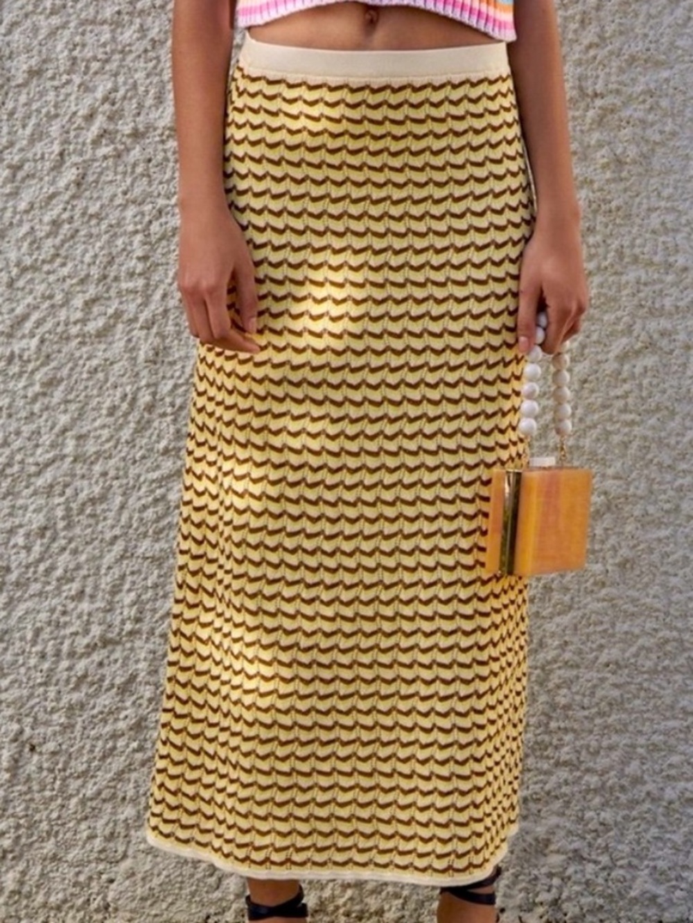Yellow Patterned Knit Maxi Skirt